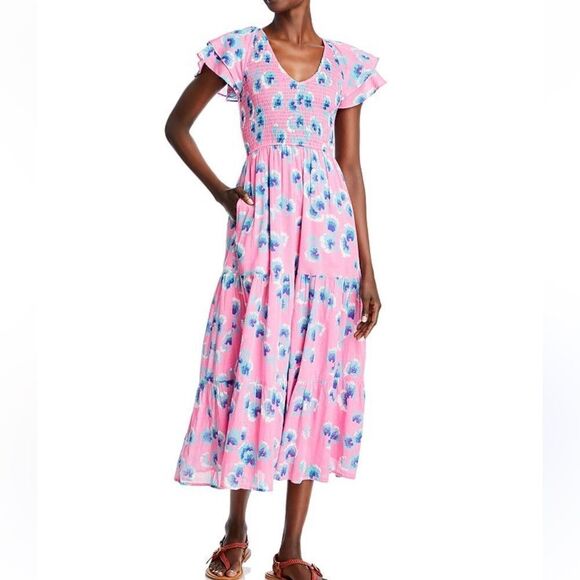 Banjanan Ira animal print  Floral Midi Dress in Aurora XS NWT - Picture 1 of 8
